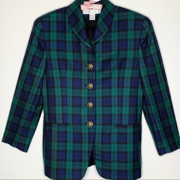 Y2K Rena Rowan Saville Wool Blend Tartan Plaid Blazer Brass Buttons Size 10P - Picture 1 of 15